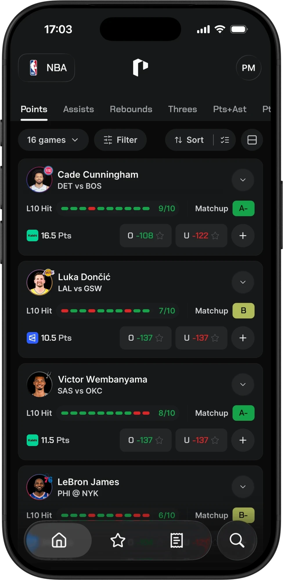 PropsMadness NBA explore feed with matchup grades for Cade Cunningham, Luka Dončić and Victor Wembanyama